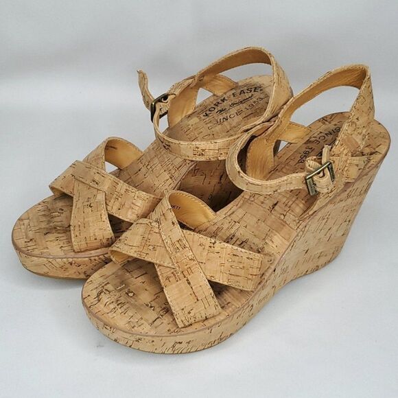 Kork Ease Ava Cork Leather Platform Wedge Sandal 9 Criss Cross Tan Brown - Picture 2 of 9